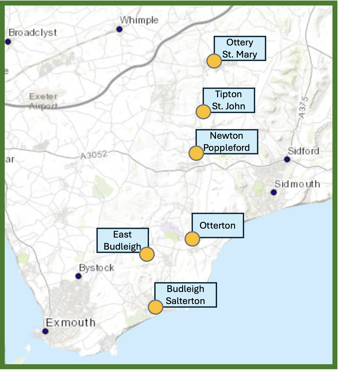 A map of the local area with villages / towns where the OVA has a representative